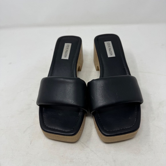 Steve Madden Black Leather Padded Square Toe Platform Slide Sandals Size 8 - Picture 4 of 12
